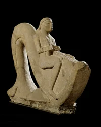 Etruscan civilization: young man riding a dolphin. Stone sculpture, 550 BC. Height 82 cm. Rome, Museo Nazionale di Villa Giulia