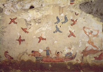 Fishermen in a boat and birds flying, from the Tomb of Fishing and Hunting, c.520-510 BC