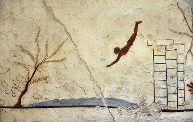 Greek Art: A young swimmer diving. Fresco of the grave of the diver, Paestum