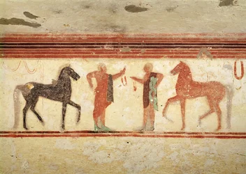 Horses and horsemen holding the reins, from the Tomb of the Baron