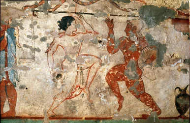 Ritual dance, young woman wearing a transparent tunic and young man naked (detail)