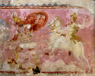 Sarcophagus of the Amazons with painted battle scene, white limestone, from Tarquinia, Latium region, Italy (detail)