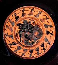 Terracotta Kylix Depicting Hercules Fighting with Triton, Surrounded by Seventeen Dancing Nereids, 6th Century BC