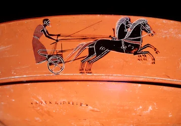 Terracotta vase (detail) representing a chariot drawn by two horses, 4th century BC