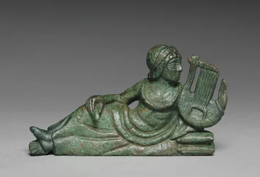 Vessel ornament of reclining Lyre-player, Italy, c.400-375 BC
