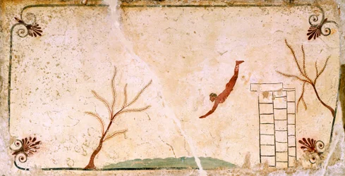 Diver, circa 480-490 BC, decorative fresco from cover slab of Tomb of Diver at Paestum, Campania, Italy, 5th Century BC