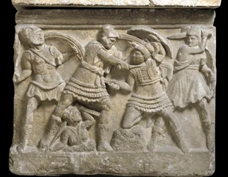 Etruscan art: Eteocles and Polynices, the two brothers, sons of Oedipus. Bas-relief of a sarcophagus of Chiusi, 3rd century BC - Palermo, Museo Archeologico Nazionale