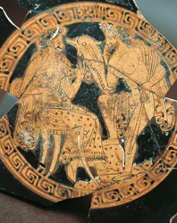 Red-figure pottery, internal decoration of a krater depicting Poseidon and Amphitrite, Etruscan civilization