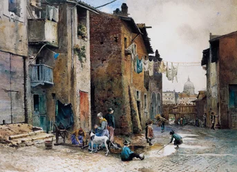 Medieval houses in Via della Lungaretta in Rome (by Ettore Roesler Franz)