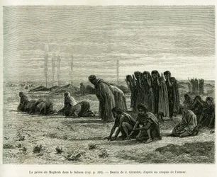 The Maghreb prayer in the Sahara. Engraving by J. Girardet, illustrating the story Five Months among the Nomadic Moors of Western Sahara, by Camille Douls, 1887, in Le Tour du monde 1888, under the direction of Édouard Charton (1807-1890), Hachette, Paris