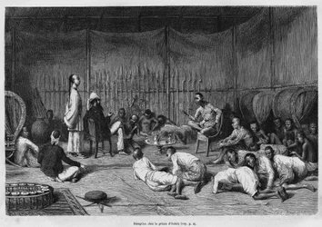 Dr. Harmand at the Reception at the Prince of Oubon (Laos), Description of the Interior of the Princely Case and Its Courtyard, Engraving by Eugene Burnand, to Illustrate the Story of Laos and the Wild Populations of Indochina by Dr. Harmand, in 1877, Publ