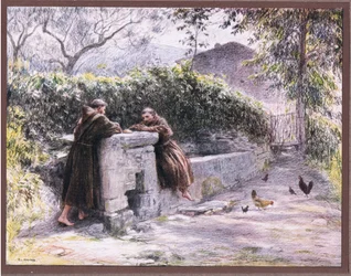 The repast of St Francis and Friar Masseo at the fountain. St Francis praises poverty
