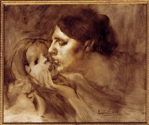 The Maternal Kiss. Painting by Eugène Carrière (1849-1906), 19th century, 0.46 x 0.55 m, Paris, Musée d