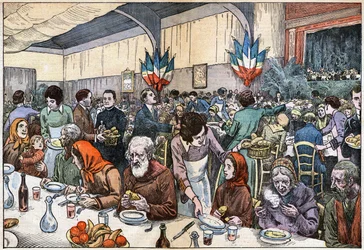 A banquet for the poor. On Christmas Day 1927, Cardinal Ferrari organized a mass for the poor, followed by a banquet of 2000 covered. Drawing by Damb