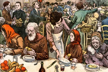 A banquet for the poor. On Christmas Day 1927, Cardinal Ferrari organized a mass for the poor, followed by a covered banquet of 2000. Drawing by Damblans