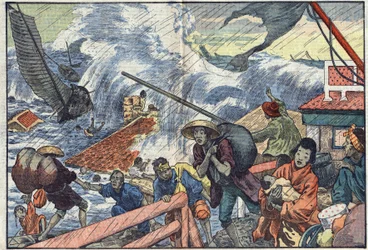 A maree raz and a typhoon hit Japan. Illustration of Damblans. In Le Pelerin of October 2