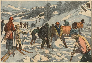 Alpine inhabitants collect ice blocks in winter for the summer. In the background, men practice winter sports. Illustration of Damblans. In Le Pelerin of December 18