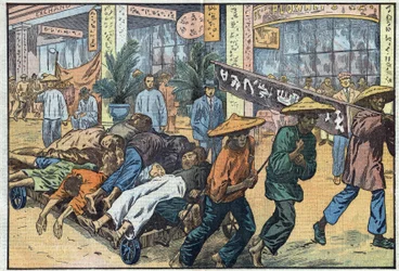 Civil war between nationalists and communists in China: after the communist unrest in Canton, the corpses of the victims are piled up on carts. Illustration of Damblans. In Le Pelerin of March 4