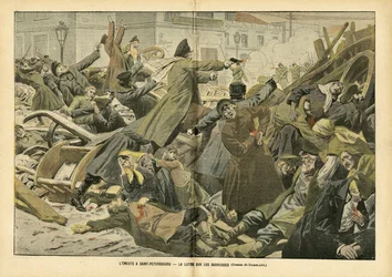 Illustration by Eugene Damblans in Le Pelerin, 05/02/05 - The struggle on the barricades in Saint Petersburg