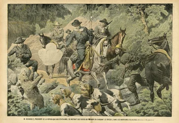 Roosevelt, President of the United States, distracted from the concerns of power by hunting grizzly bears in the Rocky Mountains