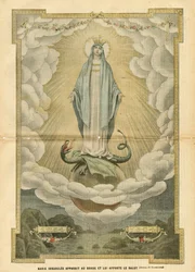 Illustration of Eugene Damblans in Le Pelerin, 04/12/04 - Mary immaculee appears to the world and brings salvation to it - Religion Faith, Catholic Catholicism - Immaculee conception - Mary, Dragon - Clouds - Earth