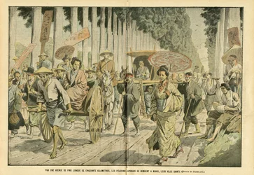 Illustration of Eugene Damblans in Le Pelerin, 09/04/05 - By a fifty-kilometre long avenue of Pines, Japanese pelerins go to Nikko, their holy city - Religion Faith, Japan, Fashion, Tree, Nikko - Pelerinages