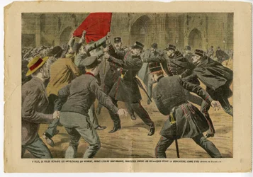 Illustration of Eugene Damblans in Le Pelerin, 23/05/09 - In Lille, the Police Repel the Anticlerics Who Come in Front of the Church Saint-Maurice to Protest Against the Catholics Feting the Blessed Joan of Arc - Anticlericalism, Architecture