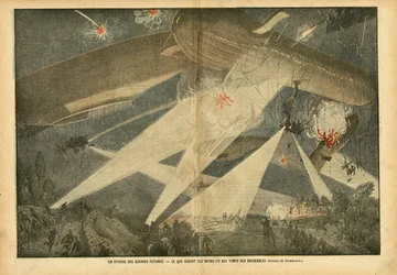 Illustration of Eugene Damblans in Le Pelerin, 24/11/07 - An episode of future wars - What will be the battles in the time of the airships - War, Balloons airships zeppelins aerostation, Nocturne, Fighting