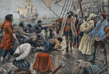 Illustration of the crew of Ferdinand Magellan swearing their allegiance to him on a cross following an unsuccessful mutiny. Ferdinand Magellan (1480-1521), Portuguese navigator, soothes a sedition of his crew and after forgiving them makes them swear loya