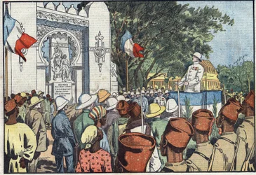 Inauguration in Dakar, by Andre Maginot, Minister of Colonies, of the monument to the thirty thousand dead of French West Africa. Illustration of Damblans. In “Le Pelerin” of March 10