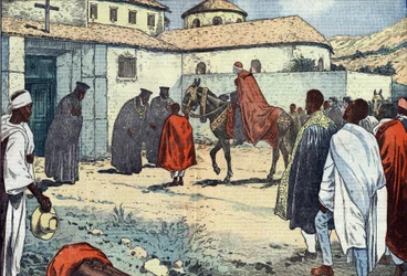 Monsignor Lepicier of the Order of the Servites of Mary, Archbishop of Tarsus, Received at the Coptic Monastery of Debre-Bizen. Illustration of Damblans. In Le Pelerin of August 21