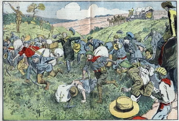 The diamond race (South Africa): a race organized to decide who will occupy the diamond plots closest to the deposit. Illustration of Damblans in 