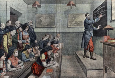 The first class in French in Alsace is reconquered. Illustration of Damblans. In “Le Pelerin” of 1914.