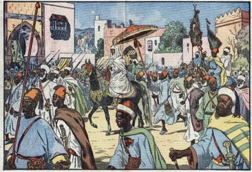 The new sultan of Morocco, Moulay Mohammed, makes his entry into the city of Rabat. Illustration of Damblans. In Le Pelerin of December 4