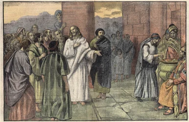 The offering of the widow. Gospel according to Saint Mark, chapter 12, v. 41-44. Illustration of Damblans. In Le Pelerin of June 28
