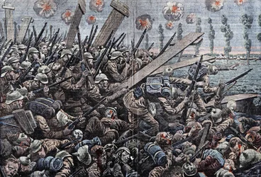 War 1914-1918. Front of Belgium 1914. German soldiers on the Yser. Drawing by Damblans.