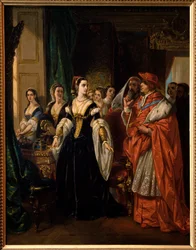 The Divorce of Henry VIII: Cardinal Thomas Wolsey and Catherine of Aragon in 1533 - Scene of the play The Famous History of the Life of King Henry the Eighth by William Shakespeare - Painting by Eugene Deveria