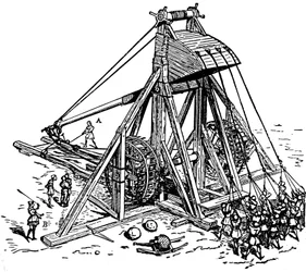 Reconstruction of a huge catapult of the counterweight trebuchet type, called a mangonneau