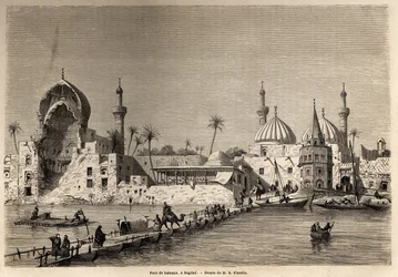 A boat bridge in Baghdad, drawing by Eugène Flandin (1809-1876), illustrating his voyage to Mesopotamia in 1840-1842. Engraving in “Le Tour du Monde”, 1861. Selva