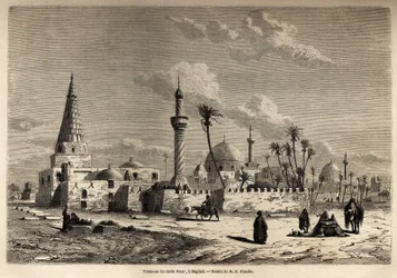 The tomb of Sheikh Omar, in Baghdad, drawing by Eugene Flandin, to illustrate his journey to Mesopotamia in 1840-1842. Engraving in “Le tour du monde” 1861. Selva