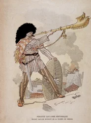 Gallic soldier sounding from the horn of war (carnyx) - in “Illustrous Teaching Cahiers, War Costumes of the Bronze Age and the Gaulish Age”, ed Grasset