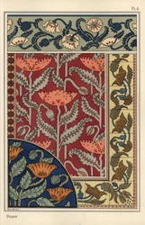The Poppy, Papaver somniferum, in Stained Glass, Wallpaper, Fabric and Tile Patterns. Lithograph by Marc Mangin