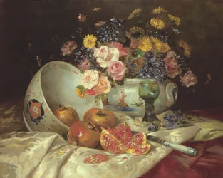 Still life of flowers in a Chinese vase with pomegranates