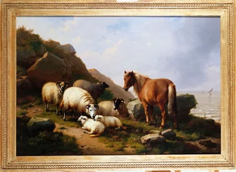 A Pony and Sheep on a Cliff with a Sailing Vessel Beyond