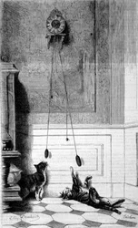 Two kittens playing with a clock. Illustration by Eugene Lambert. Engraving