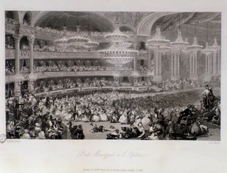 Ball mask organized at the Opera de Paris. Engraving by Eugene Louis Lami, 1843