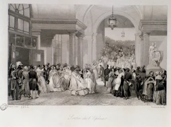 The public has the release of the Opera in Paris. Engraving by Eugene Louis Lami 1842 Private collection