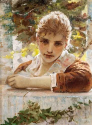 Woman on porch by Eugenio Prati (1842-1907)