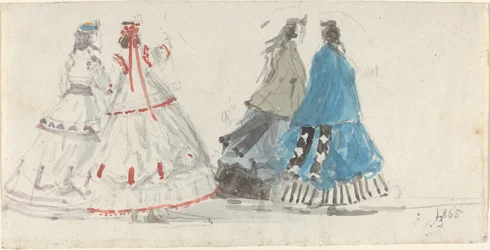Four Ladies in Crinolines Walking at Trouville
