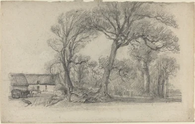 Landscape with Trees, Cottage, and Farm Wagon